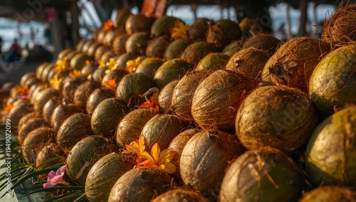 Various tropical melons arranged in rows at a traditional marketplace. Fresh organic fruits representing healthy food, harvest abundance, and agricultural produce.