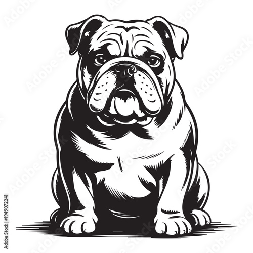 A detailed black and white illustration of a stoic english bulldog stark silhouette