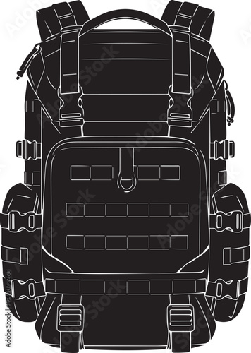 Tactical military backpack vector illustration for camping and outdoor survival gear design