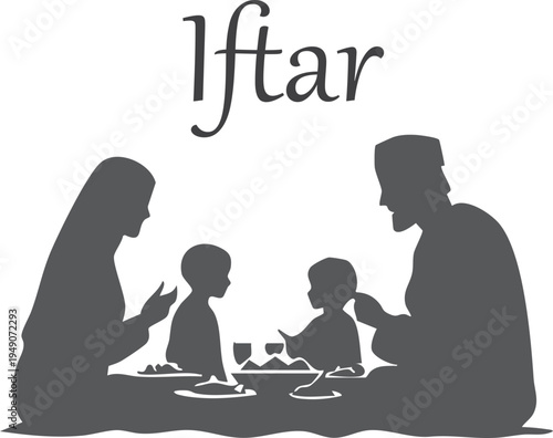 Ramadan Iftar Family Sharing Food Islamic Silhouette Vector Illustration with Iftar Text