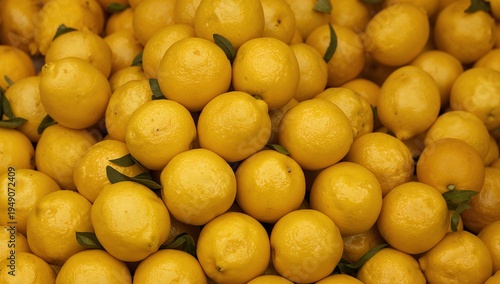 Bright yellow lemons stacked at a grocery produce market. Fresh citrus fruit representing healthy nutrition, organic produce, and natural food shopping.