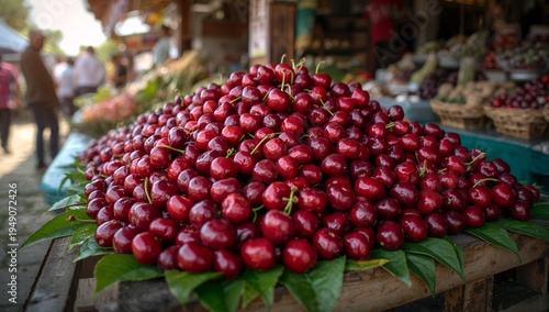 Close-up of fresh red cherries stacked in a farmers market display. Seasonal fruit representing organic produce, healthy eating, and natural grocery shopping.