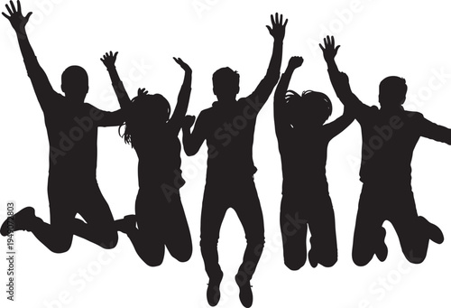 Black Silhouettes of Five People Jumping with Raised Arms on White Background