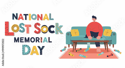 Man sitting on sofa with lost socks around him in colorful quirky illustration for humorous home decor