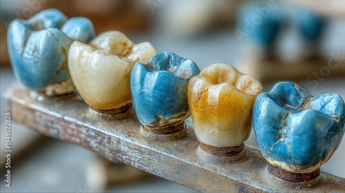 Close-up of colorful ceramic dental crowns arranged in a row on a wooden holder in a dental laboratory.