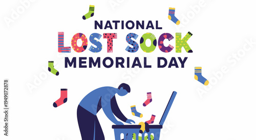 Man rummaging through drawer for single lonely sock in colorful illustration for National Lost Sock Memorial Day