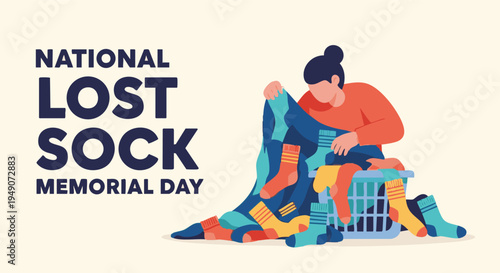 Woman holding colorful socks in laundry basket on National Lost Sock Memorial Day in playful vibrant lighting for social media