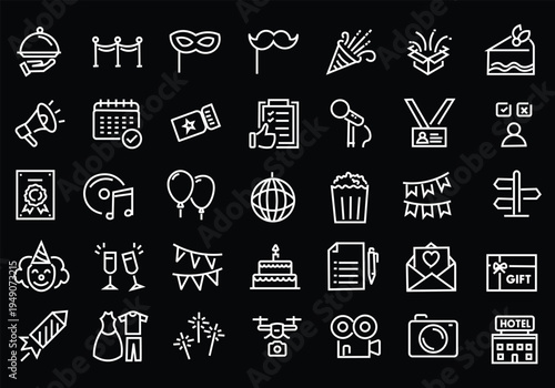 Event planning web icons in line style. Holiday, event, party, celebration, entertainment. Vector illustration.