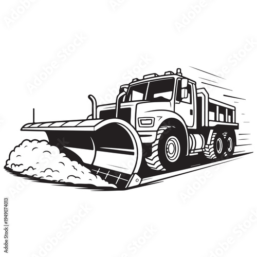 A powerful dump truck with a snow plow is depicted in a striking black and white silhouette
