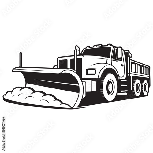 A powerful dump truck with a snow plow is depicted in a striking black and white silhouette