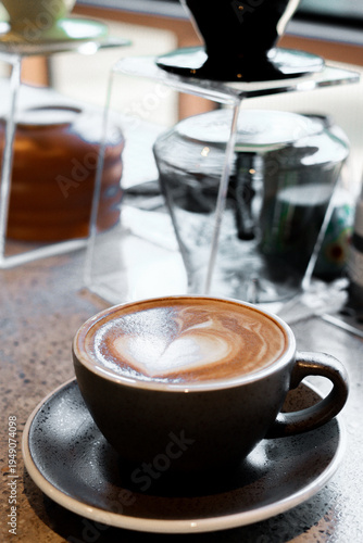 Heart coffee latte art milk foam on cup