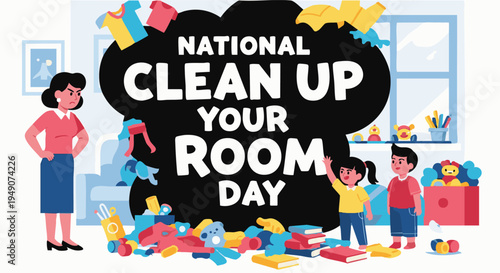 Mother and kids cleaning messy room with toys and books in bright colorful lighting for parenting and organization