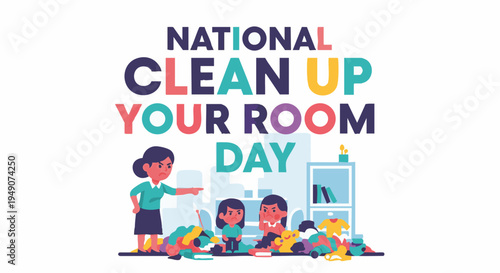 Children cleaning room colorful illustration for National Clean Up Your Room Day