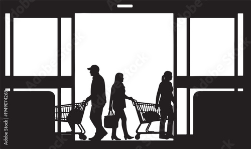 Shoppers Pushing Carts Entering Supermarket Automatic Doors Silhouette Vector
