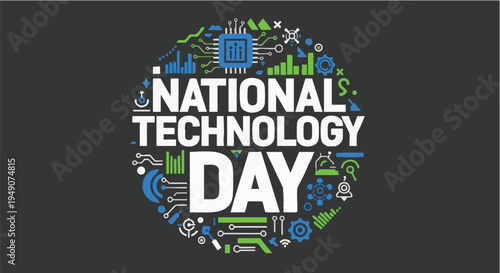 National Technology Day logo with futuristic circuit board elements in neon blue and green on dark background for engineering and innovation