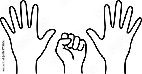 Minimalist line art hands with open palms and closed fist gesture icons, simple black outline vector illustration isolated on white background clean style