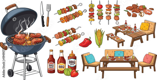 Obraz na płótnie BBQ Party Set – Grilled Meat, Skewers, BBQ Sauce, and Outdoor Dining Vector Illu