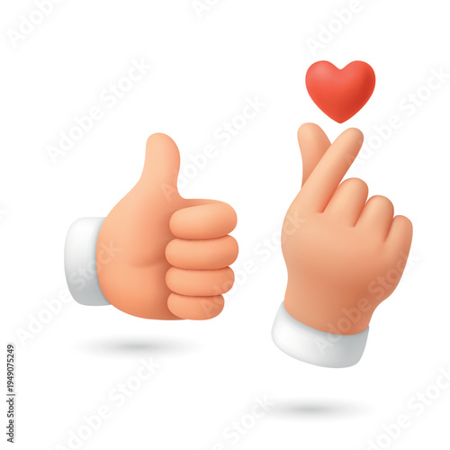 Vector 3d Like and Love Hands and Heart Set, Isolated. Like and Love Hands. Thumbs Up and Finger Heart Gesture with Red Heart Icon. Social Media Reaction Symbol, Isolated