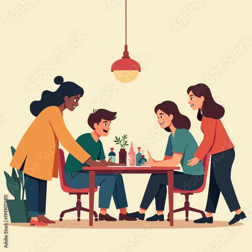 A minimalist illustration depicting people near greenery, evoking a sense of calm and wellbeing. Ideal for content relating to office spaces, biophili