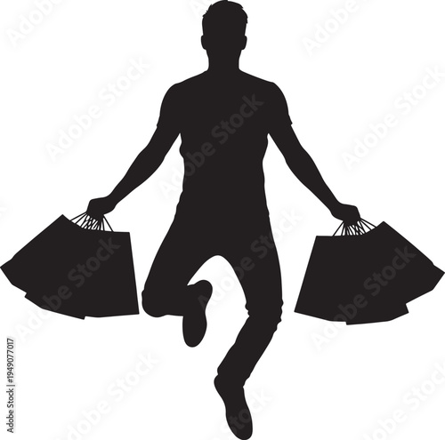 Silhouette Man Jumping Holding Shopping Bags Isolated on White Background Vector Illustration