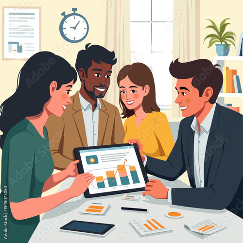 This minimalist illustration depicts colleagues collaborating at a table, evoking a sense of teamwork and productivity. Ideal for use in articles or m