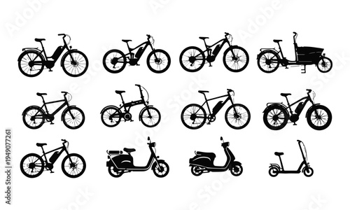 Collection of Black Electric Bicycle and Scooter Silhouettes Vector Icons