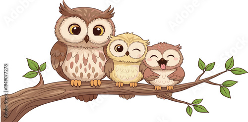 Cute Owl Family on Branch with Adorable Expressions for Nature and Animal-Themed Illustrations