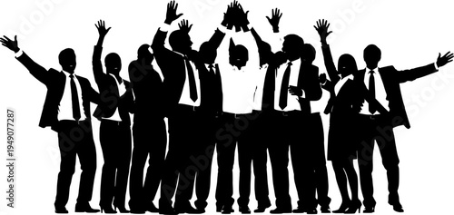 Silhouette of a happy, celebrating business team with arms raised in victory