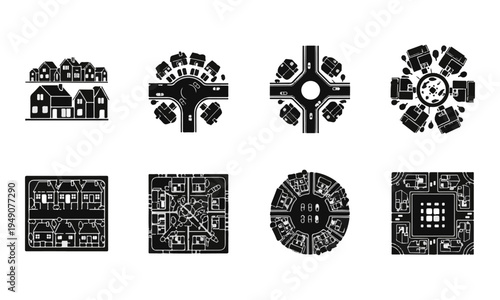 Set of Black City and Town Vector Icons for Urban Planning and Infrastructure