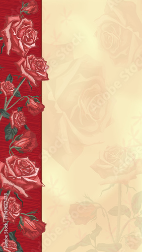 Red Roses Vertical Border Frame on Beige Background with Vintage Rose Pattern