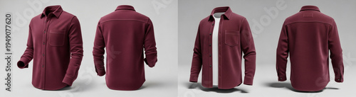 Maroon long-sleeve button-up shirt with chest pocket and cuffed sleeves