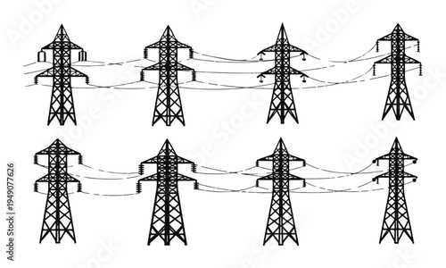 Black and White Line Art Electricity Pylon Towers with Connected Power Lines