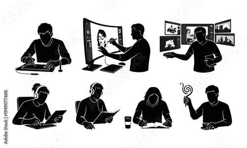 Set of Creative Digital Professions and Hobbies Black Silhouette Vector Icons