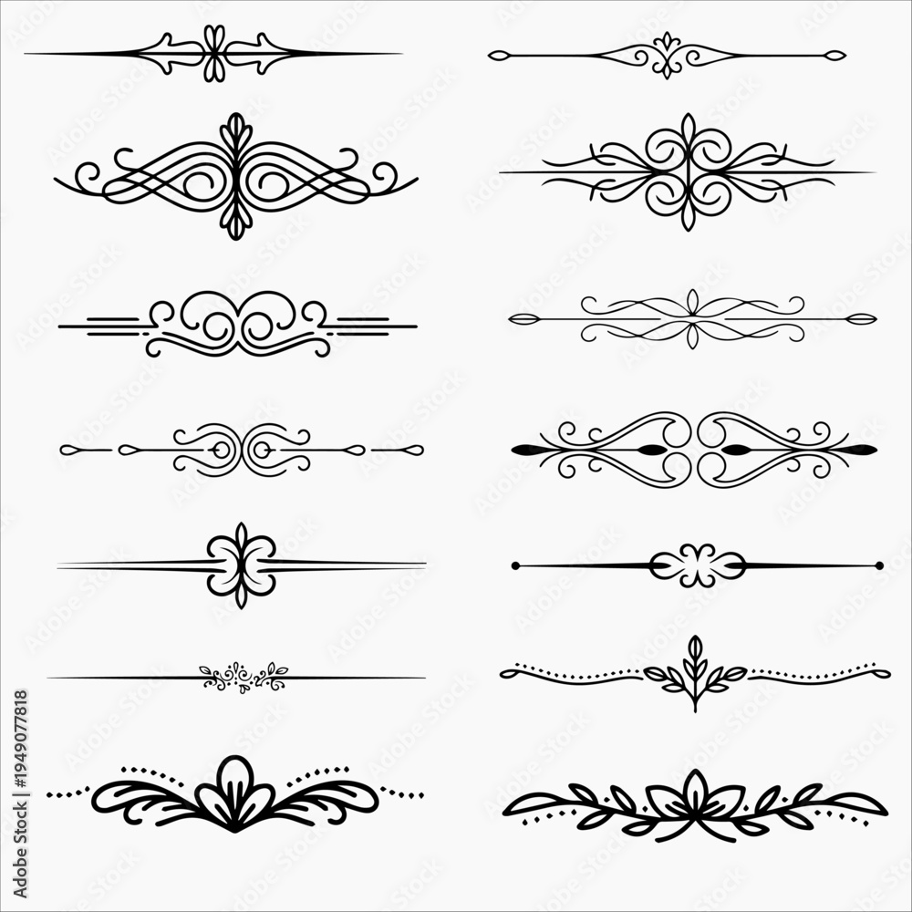 Fototapeta premium Black Hand Drawn Floral Decorative Borders and Page Decor Elements.