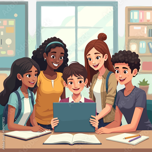 This illustration depicts students collaborating on schoolwork, evoking a sense of learning and community. Ideal for educational content, website grap