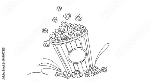 Minimalist black outline vector of popcorn bucket with scattered popcorn, symbolizing cinema entertainment, movie night and snack food, isolated on a transparent background