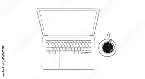 Minimalist black outline vector of a laptop with coffee cup, symbolizing remote work, freelance lifestyle, productivity and digital workspace, isolated on a transparent background