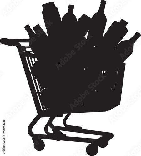 Shopping Cart Silhouette Overflowing with Bottles and Containers, Black Vector Isolated on White