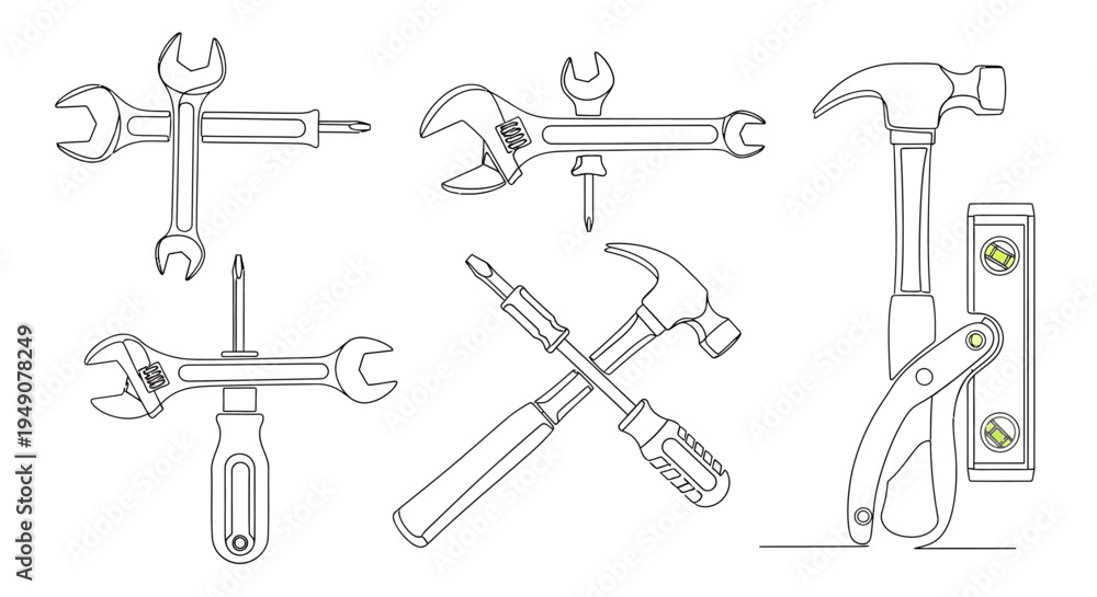 Obraz premium Collection of hand tools in outline style for construction repair