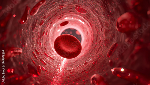 狭くなった血管内を流れる赤血球を表した血流の医学イメージ