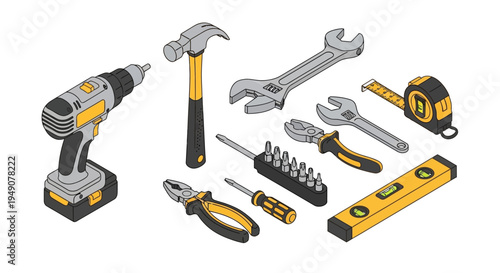 Collection of isometric construction and DIY tools on white background