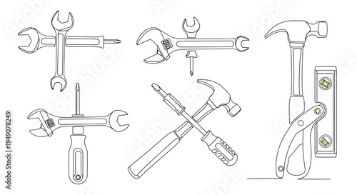 Collection of hand tools in outline style for construction repair