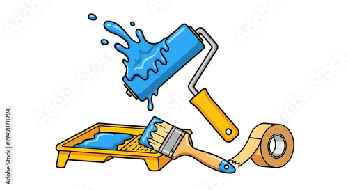 Cartoon painting tools with blue paint, tray, brush, and tape