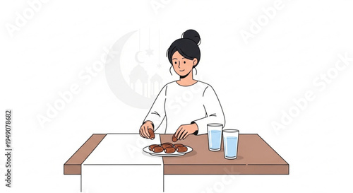 Illustration of a woman breaking her fast during Iftar, with dates and water on the table, embodying the spiritual practice and reflective moments of Ramadan
