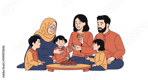 Warm Multi-Generational Muslim Family Gathering, Sharing Festive Food and Celebrating Togetherness During a Special Occasion, Flat Vector Illustration