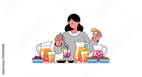 Vibrant illustration depicting a person surrounded by various pitchers and glasses filled with colorful, healthy beverages, emphasizing homemade refreshment and natural drink preparation