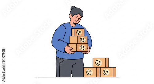 Female worker expertly managing a stack of cardboard delivery boxes adorned with crescent moon symbols, highlighting efficient e-commerce logistics and dedicated order fulfillment services