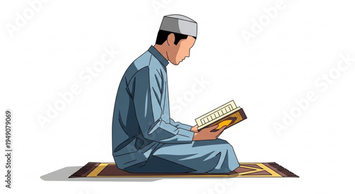 Illustration of a Muslim man in traditional attire reading the Holy Quran while sitting on a prayer mat