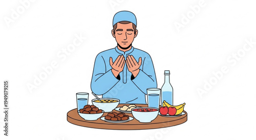 A devout Muslim man offers a prayer of gratitude and contemplation before breaking his fast during the sacred month, surrounded by a traditional evening meal