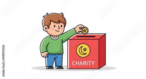 Illustration of a child donating to a charity box, representing kindness and generosity
